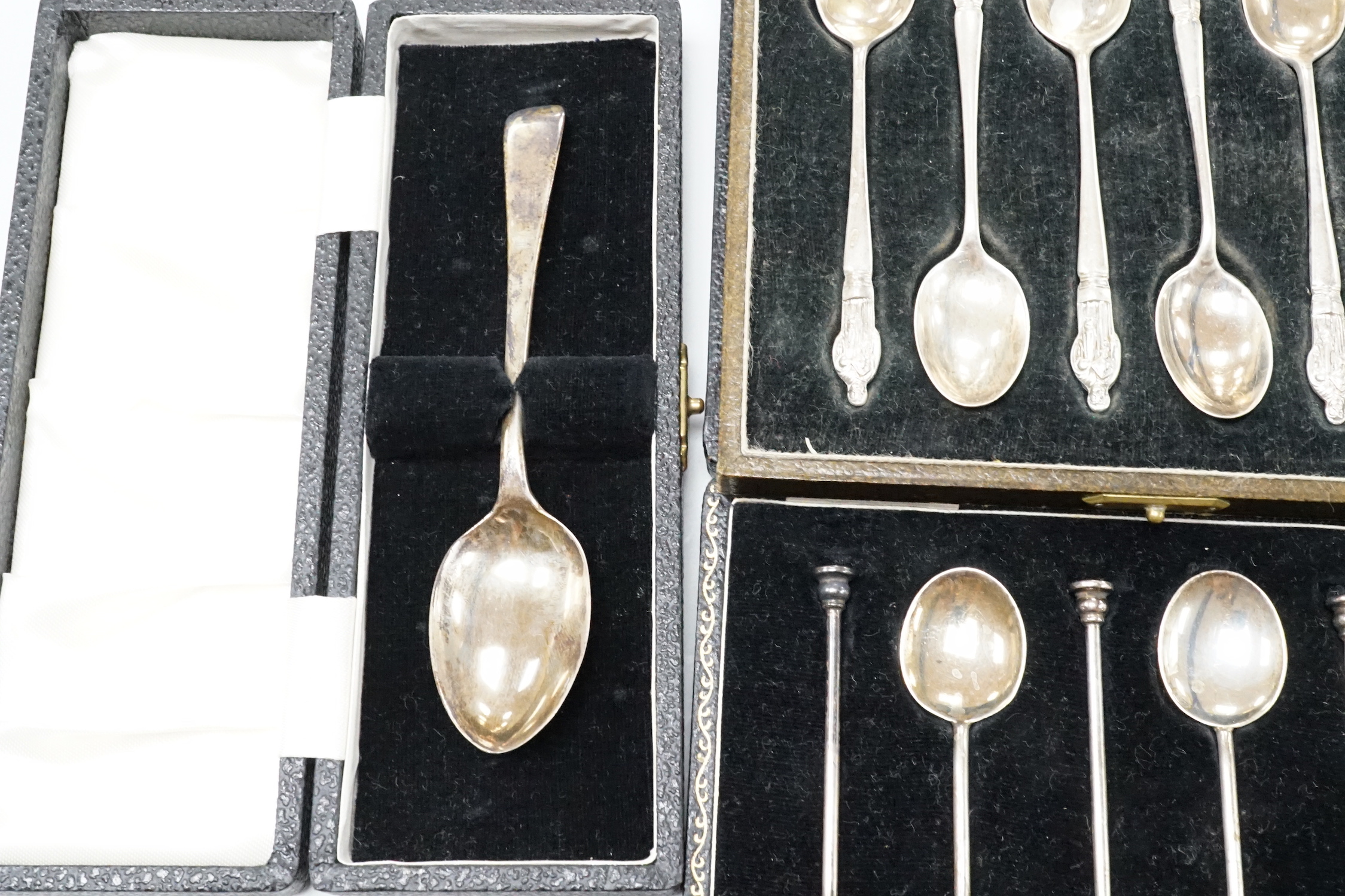 A quantity of assorted mainly 19th century and later silver flatware, various date and makers including three cased sets, 37.5oz.